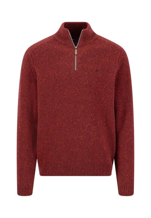 Red speckled quarter-zip knitted jumper with a metal zip and ribbed trim.