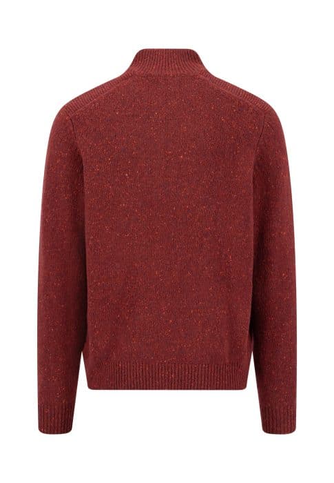 Back view of a red speckled mock-neck jumper with ribbed cuffs and hem.