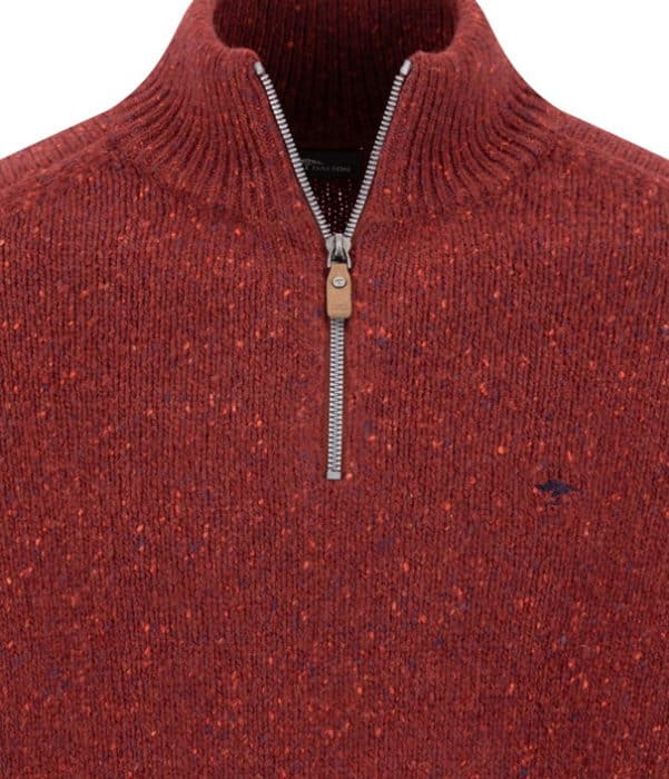Maroon speckled quarter-zip jumper with a metal zip and small embroidered logo on the chest.