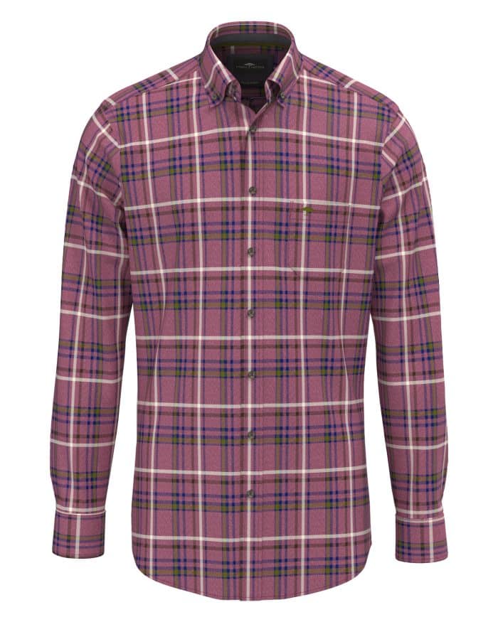 A long-sleeve button-up shirt with a pink, purple, and white check pattern, featuring a collar and a small chest pocket.