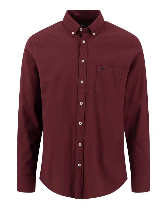 Fynch Hatton burgundy button-down long-sleeved shirt with chest pocket and cream buttons, shown front on