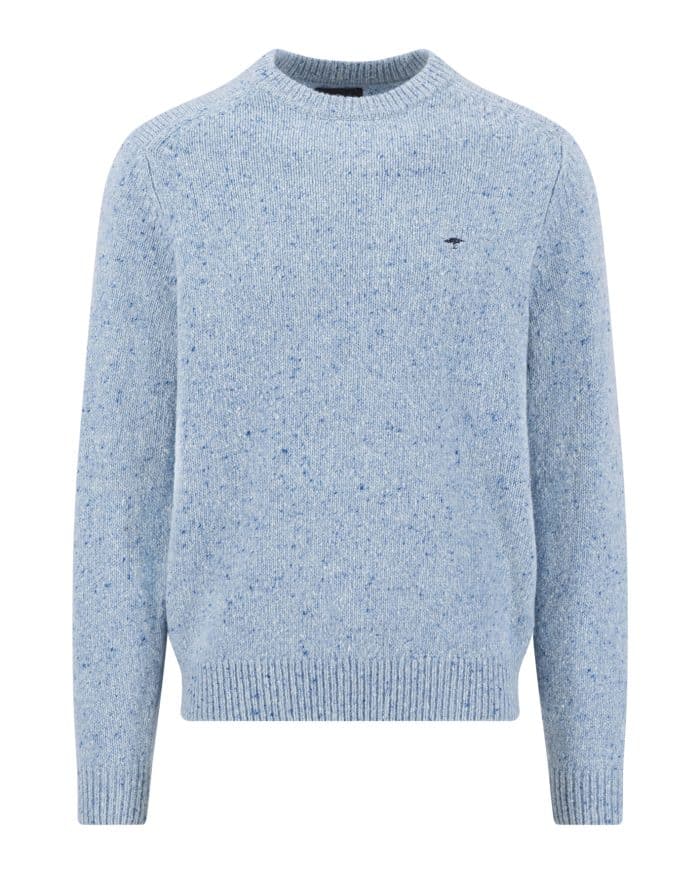 Light blue flecked knitted crew neck jumper by Fynch Hatton with a small navy tree logo on the chest