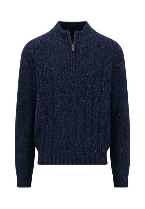 Navy blue cable-knit quarter-zip jumper with a small leather zip pull.