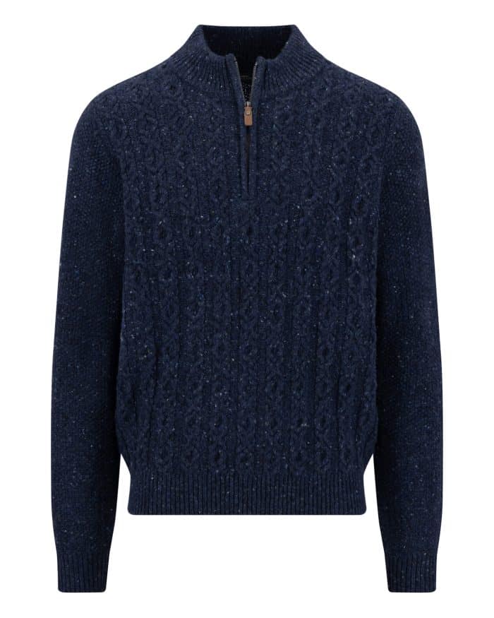 Navy blue cable-knit quarter-zip jumper with a small leather zip pull.