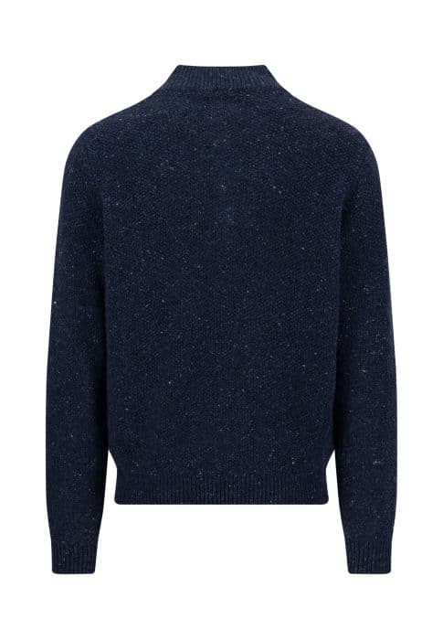 Back view of a navy blue long-sleeved jumper with a mock neck.