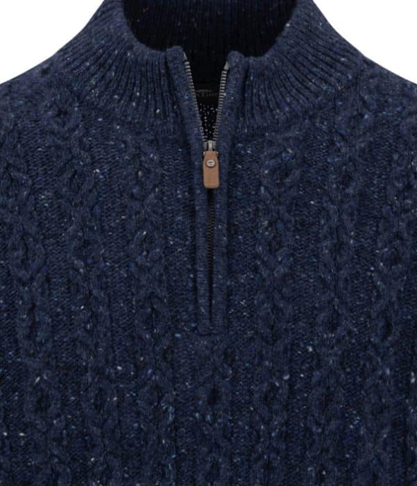 Navy blue cable-knit quarter-zip jumper with a ribbed collar.