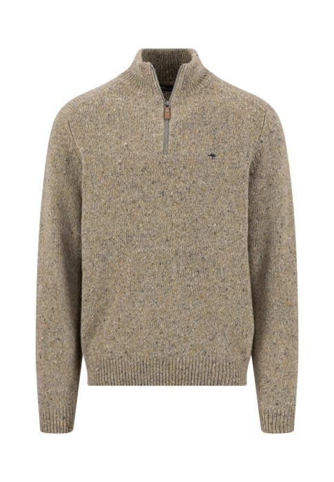 Tan speckled knitted jumper with a quarter-zip collar and small bird logo on the chest.
