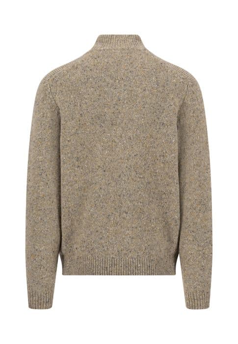 Back view of a beige, speckled, mock-neck jumper with long sleeves and ribbed cuffs and hem.