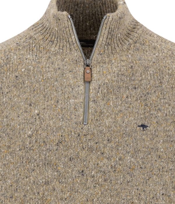 Tan heathered knitted quarter-zip jumper with a metal zip and small embroidered logo on the chest.