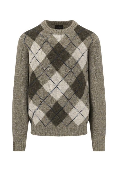 Grey wool jumper with a classic argyle pattern in dark brown, white, and grey on the front. The jumper has long sleeves and a crew neckline.