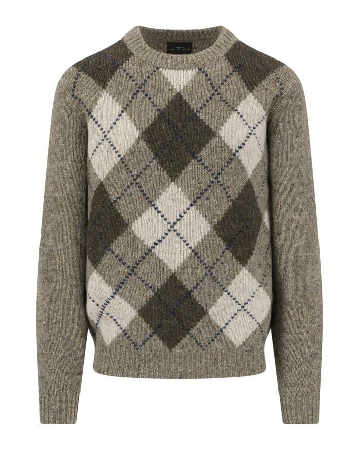 Grey wool jumper with a classic argyle pattern in dark brown, white, and grey on the front. The jumper has long sleeves and a crew neckline.