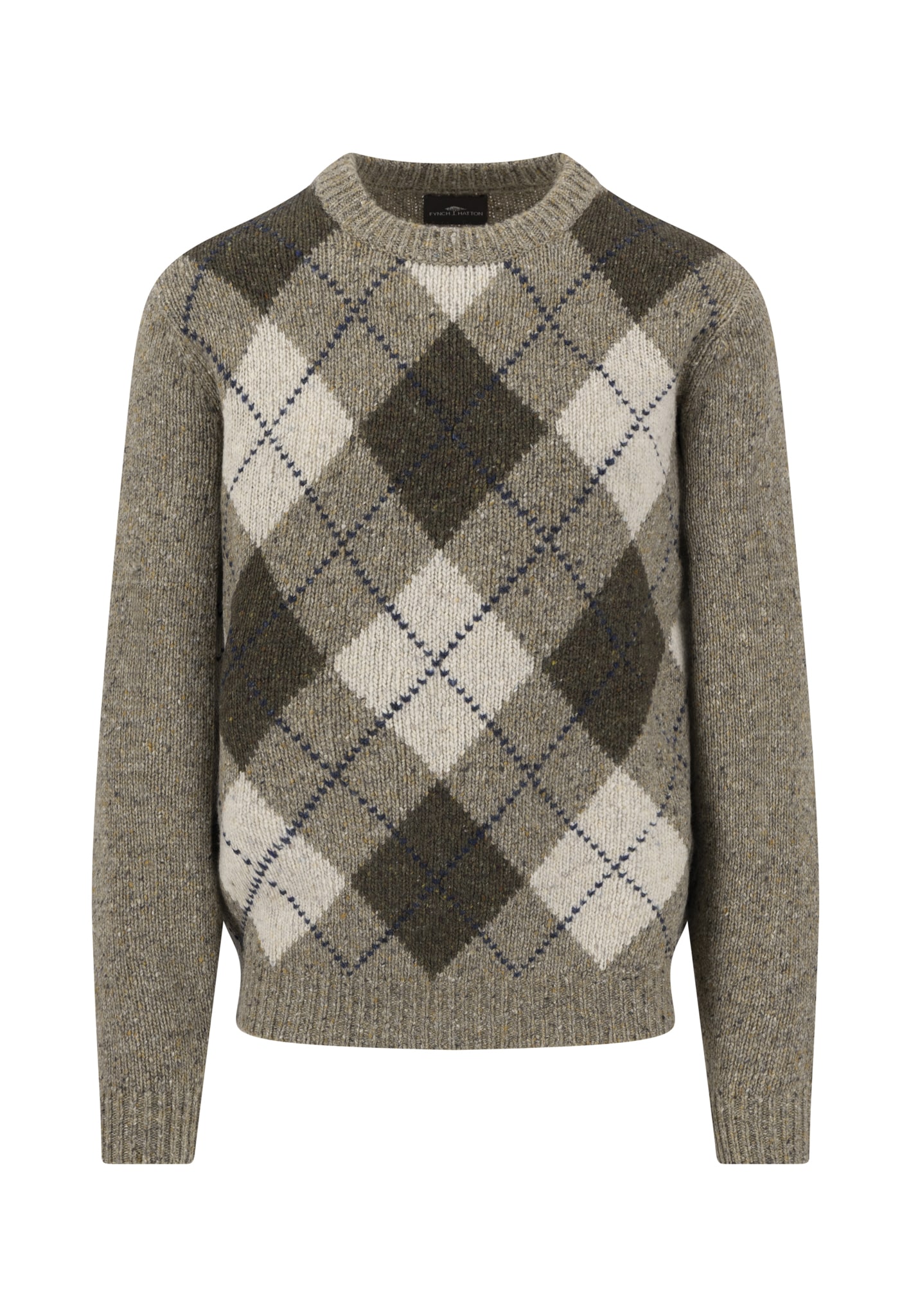 Grey wool jumper with a classic argyle pattern in dark brown, white, and grey on the front. The jumper has long sleeves and a crew neckline.