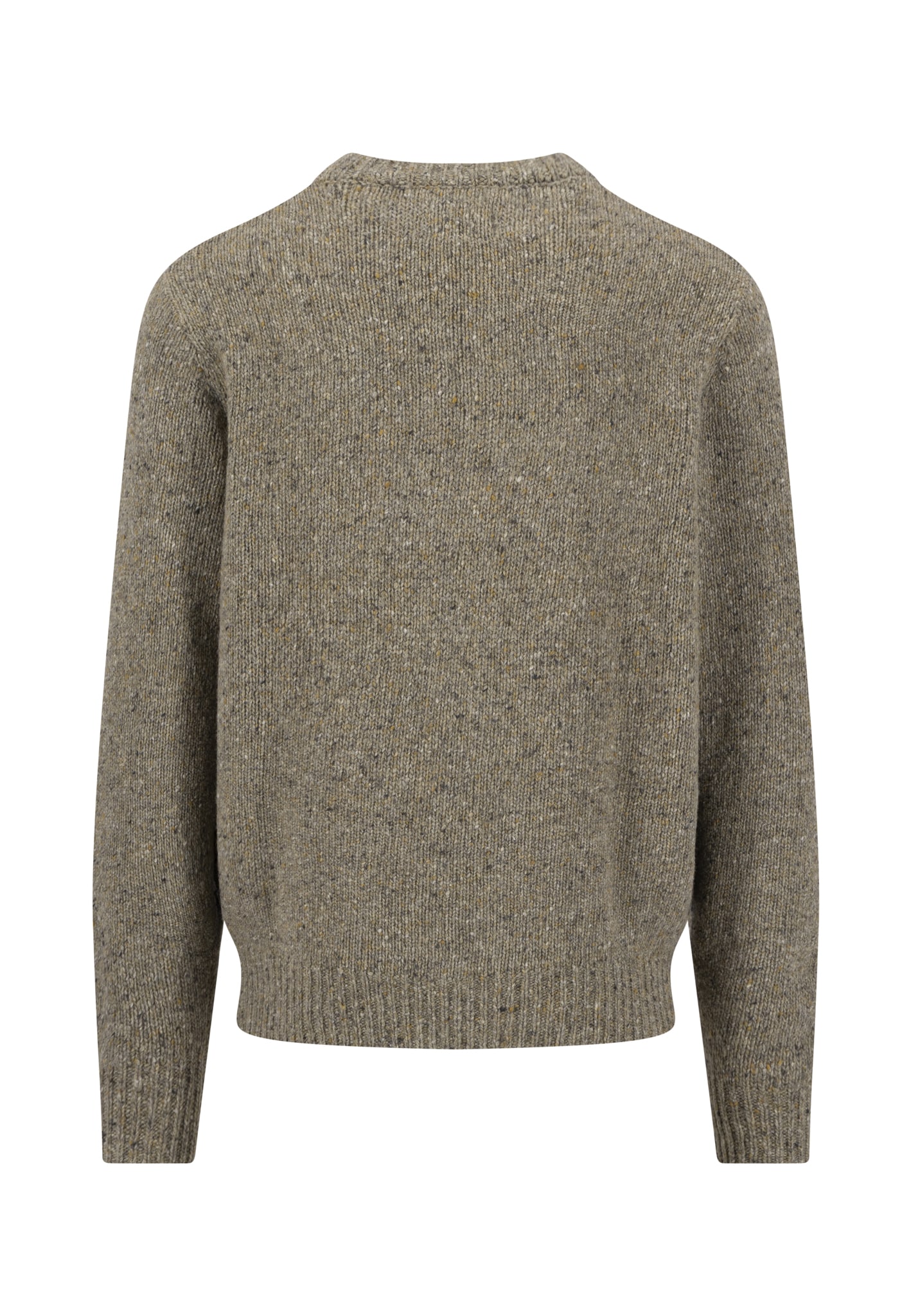 A plain, long-sleeved, heathered grey knitted jumper is shown from the back, displayed on a white background.