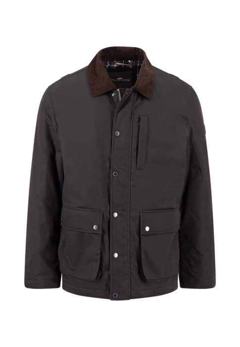 Dark waxed jacket with a brown corduroy collar, press studs, two large front flap pockets, and one chest pocket, displayed on a white background.