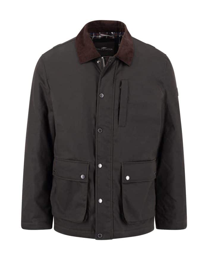 Dark waxed jacket with a brown corduroy collar, press studs, two large front flap pockets, and one chest pocket, displayed on a white background.