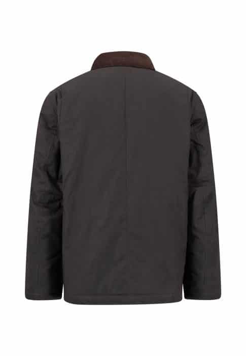 Back view of a dark brown jacket with long sleeves and a contrasting darker brown collar. The jacket has a simple, unadorned design and appears to be made of sturdy fabric.