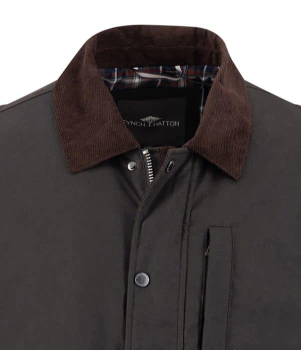 Dark brown jacket with a corduroy collar, partial zip and press studs, and a checked lining visible inside the collar. A vertical chest pocket is also shown.