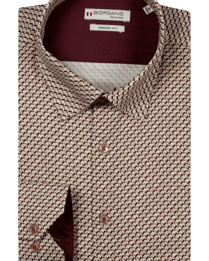 Folded long-sleeve dress shirt with a brown and white geometric pattern, featuring dark red interior collar and cuff lining, and a Giordano Tailored label.