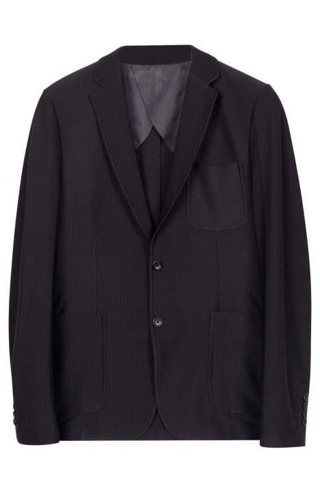 Dark navy two-button blazer with a textured finish, featuring a chest pocket and two front patch pockets.