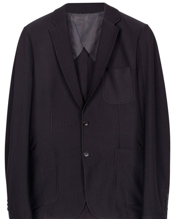 Dark navy two-button blazer with a textured finish, featuring a chest pocket and two front patch pockets.