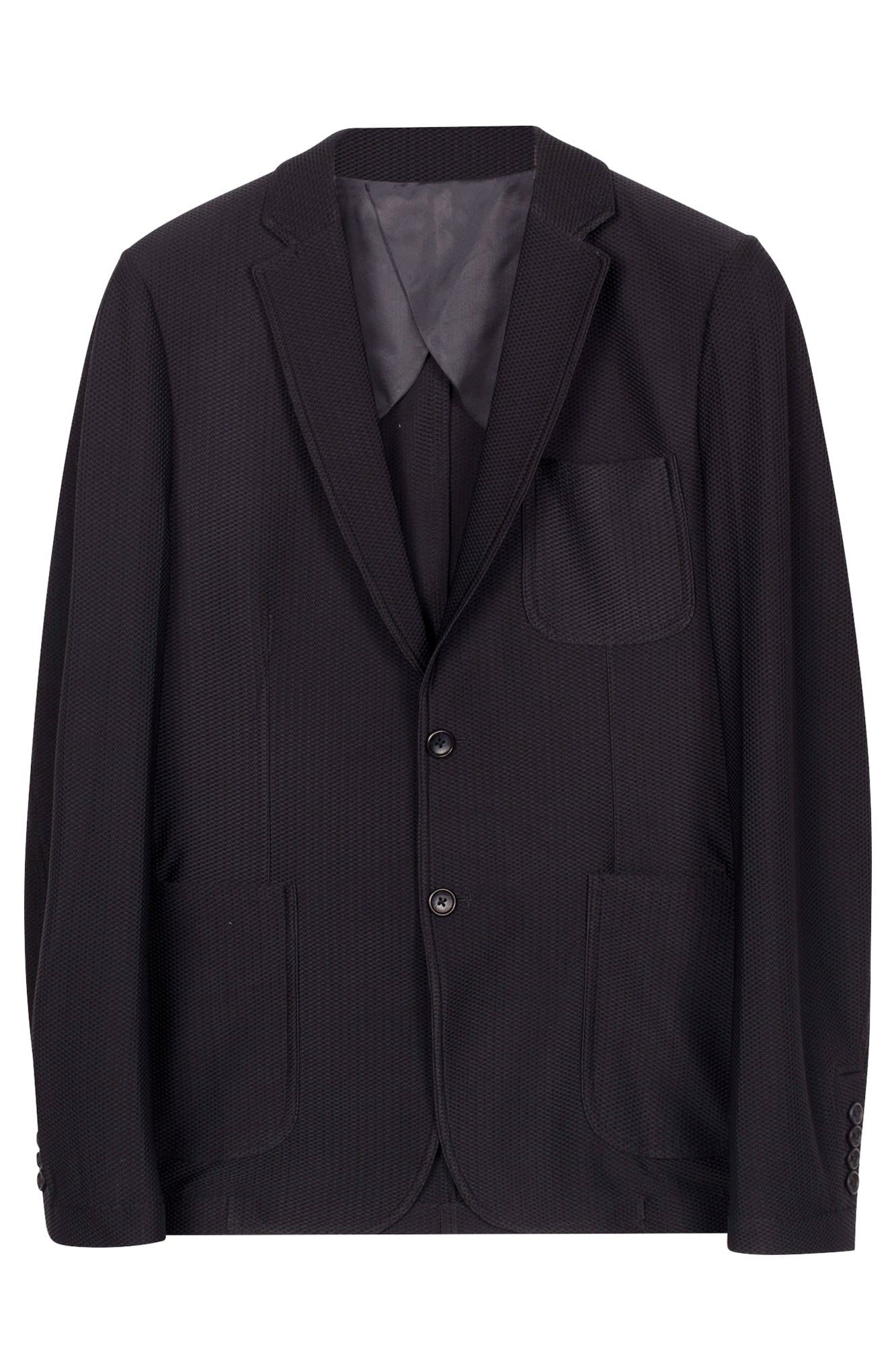 Dark navy two-button blazer with a textured finish, featuring a chest pocket and two front patch pockets.