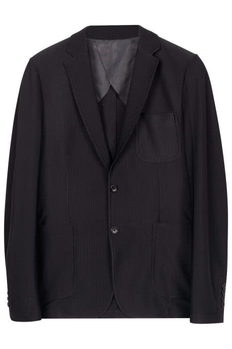 Black textured two-button blazer with a chest pocket and two lower pockets.