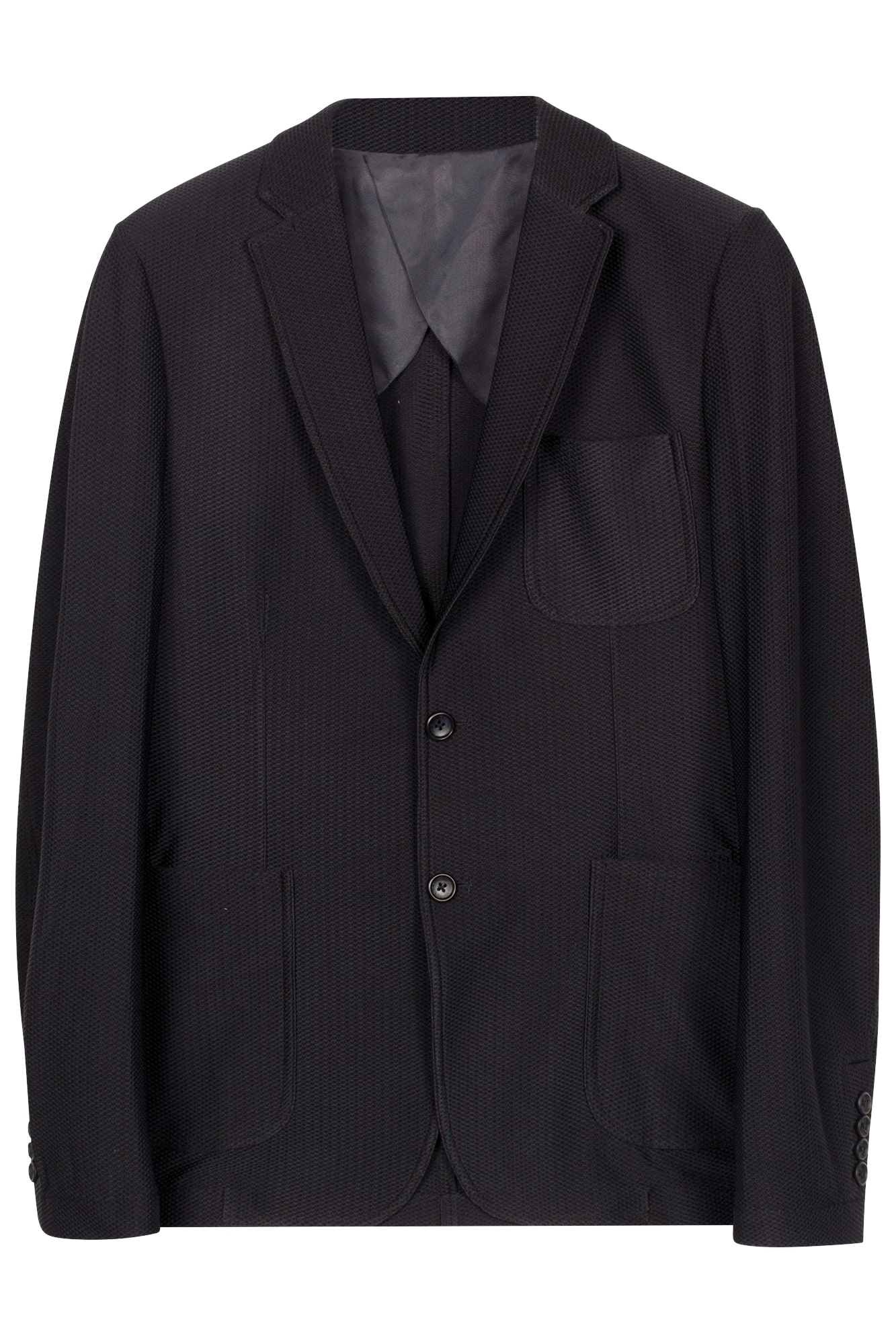 Black textured two-button blazer with a chest pocket and two lower pockets.
