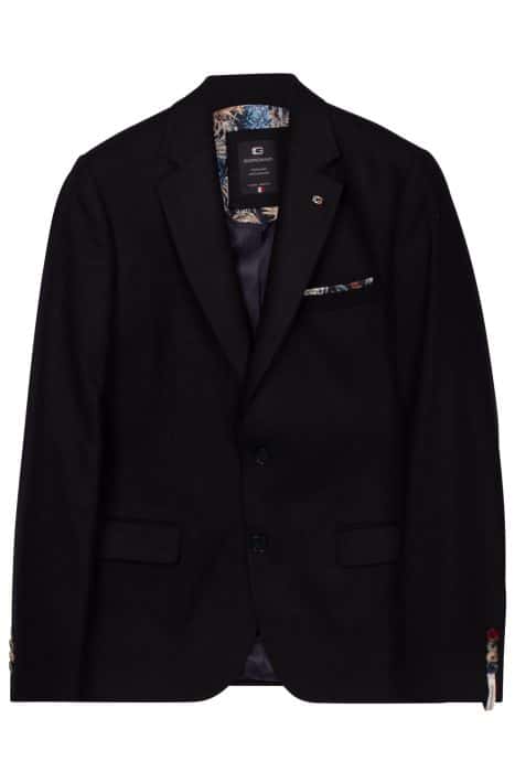 Black Giordano blazer with a patterned inner lining, pocket square, and multicoloured buttons on the sleeve cuffs.