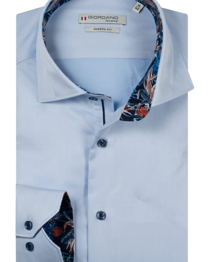 Light blue long-sleeved dress shirt with a floral print pattern on the inner collar and cuffs.