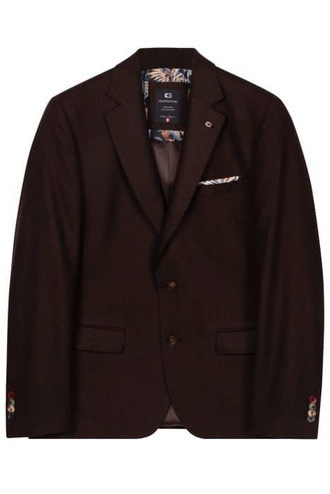 Dark brown blazer with a two-button fastening, a pocket square, and decorative multicoloured buttons on the cuffs.