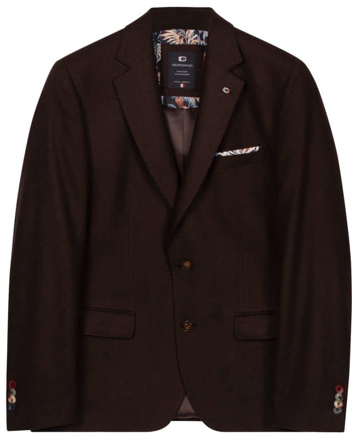 Dark brown blazer with a two-button fastening, a pocket square, and decorative multicoloured buttons on the cuffs.