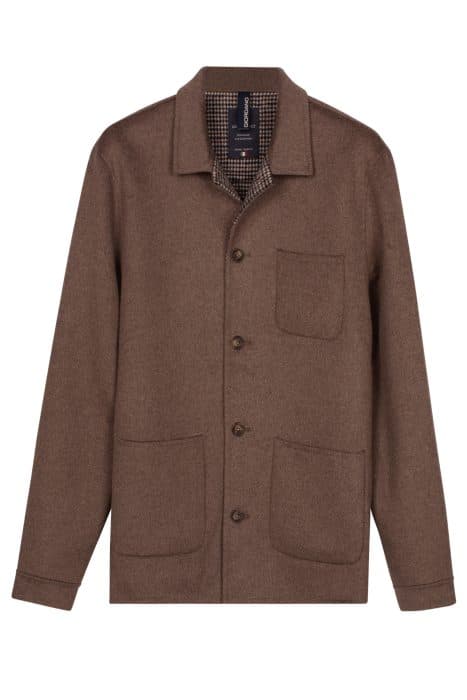 Brown button-down shirt jacket with a collar, two lower patch pockets, and a chest pocket.