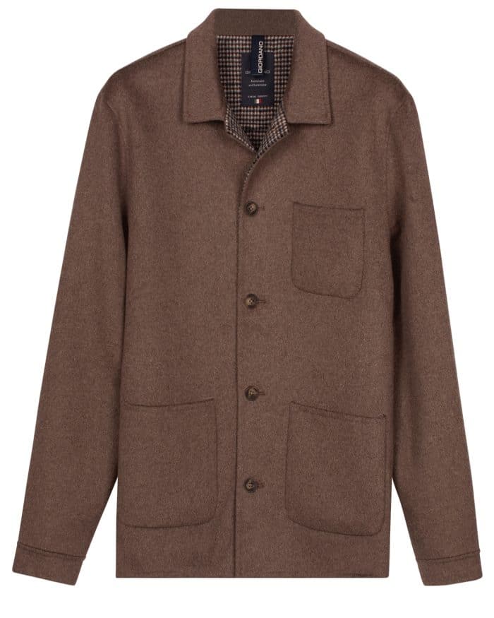 Brown button-down shirt jacket with a collar, two lower patch pockets, and a chest pocket.