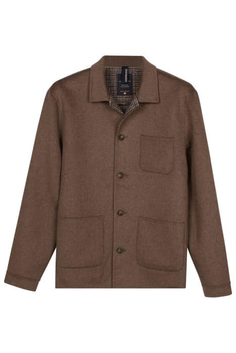 Brown long-sleeved button-through jacket with a chest pocket and two lower pockets.