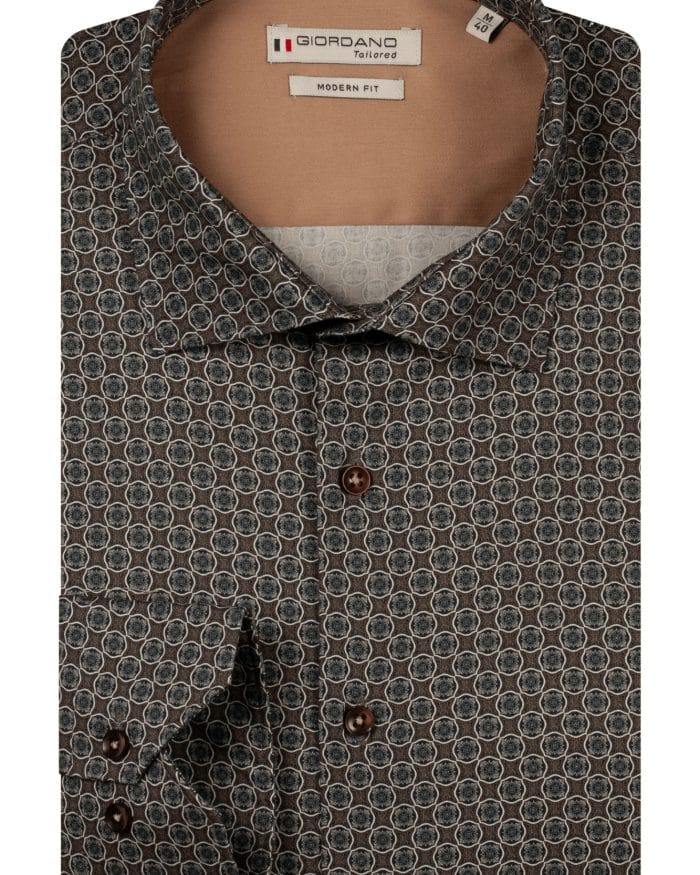 Brown long-sleeved button-down shirt featuring a geometric circle pattern and a tan inner collar.