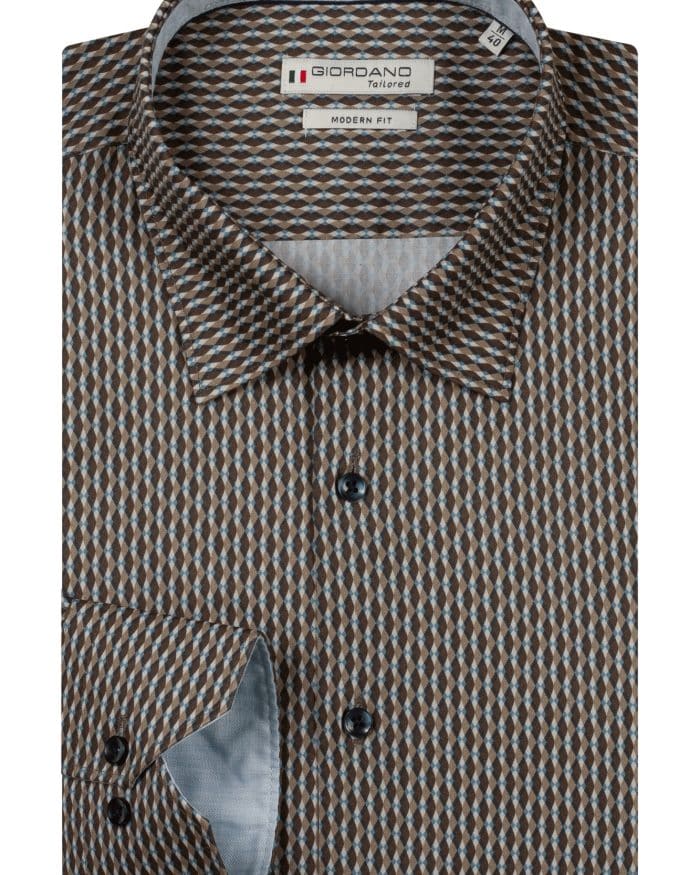 Giordano Tailored modern fit dress shirt in a brown and blue geometric diamond print.