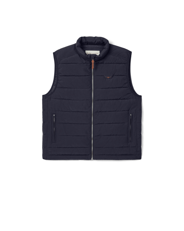Navy blue quilted gilet with a stand collar, zipped side pockets, and a small steer logo on the chest.