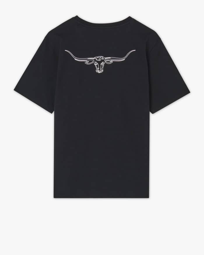 Black short-sleeved t-shirt with a white line drawing of a longhorn steer on the back.