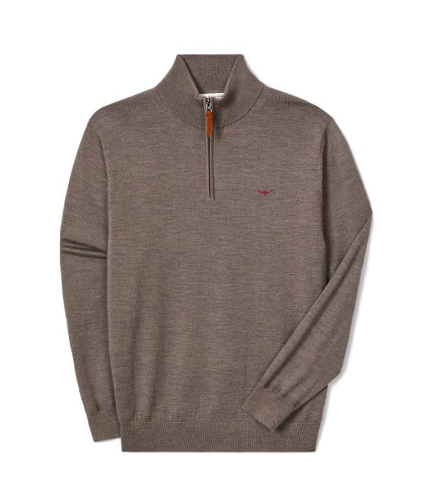 Brown quarter-zip jumper with a small red logo on the chest.