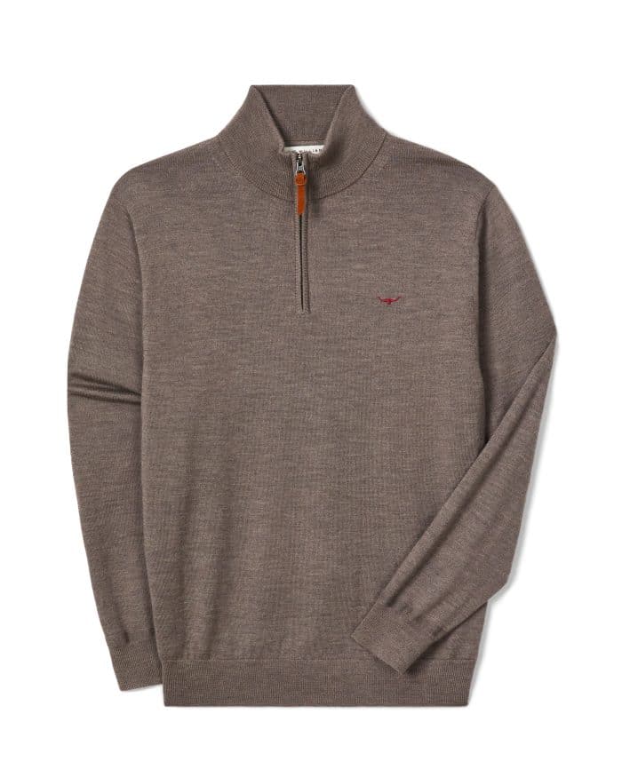 Brown quarter-zip jumper with a small red logo on the chest.