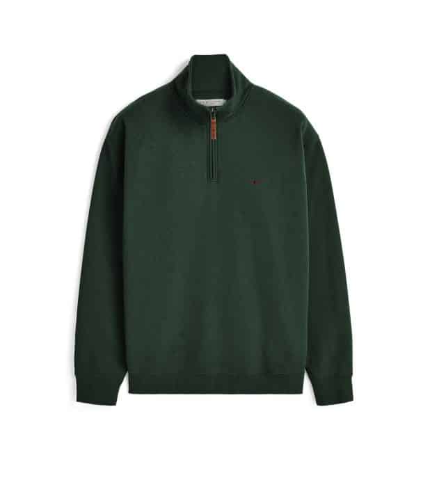 Dark green quarter-zip sweatshirt with a leather zip pull and small red logo on the chest.