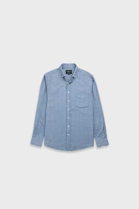 A light blue long-sleeved button-down shirt with a button-down collar and a chest pocket.
