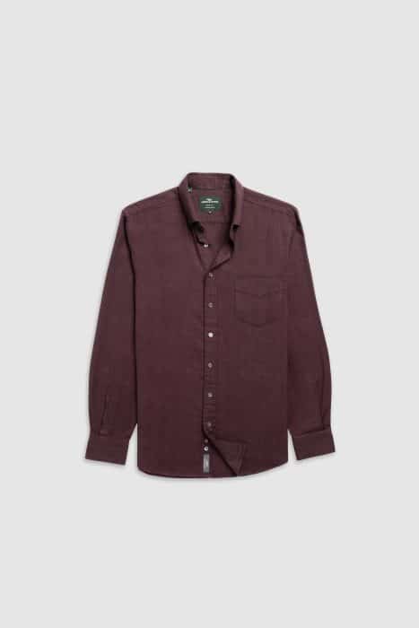 Deep burgundy long-sleeved button-through shirt with a chest pocket and a button-down collar.