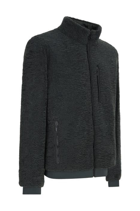 Dark grey fleece zip-up jacket with a stand collar, side pockets, and a chest pocket.