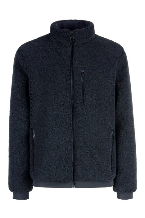Navy blue zip-up fleece jacket with a high collar, two side pockets, and one chest pocket.