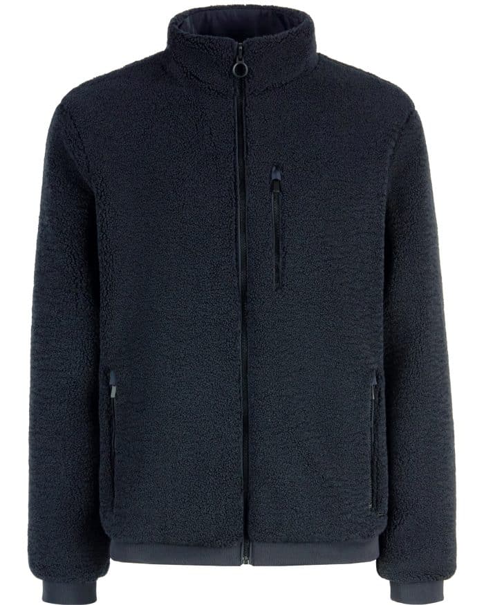 Navy blue zip-up fleece jacket with a high collar, two side pockets, and one chest pocket.