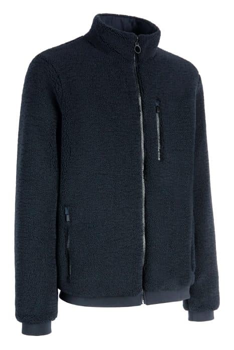 Navy blue full-zip fleece jacket with a stand-up collar and three zip-fastened pockets.