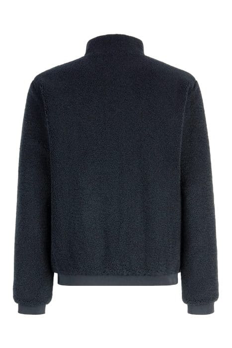 Back view of a dark navy blue fleece zip-up jacket with a stand-up collar and ribbed trim.