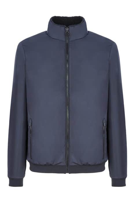 Navy blue zip-up bomber jacket with a fleece-lined collar and two zipped side pockets.