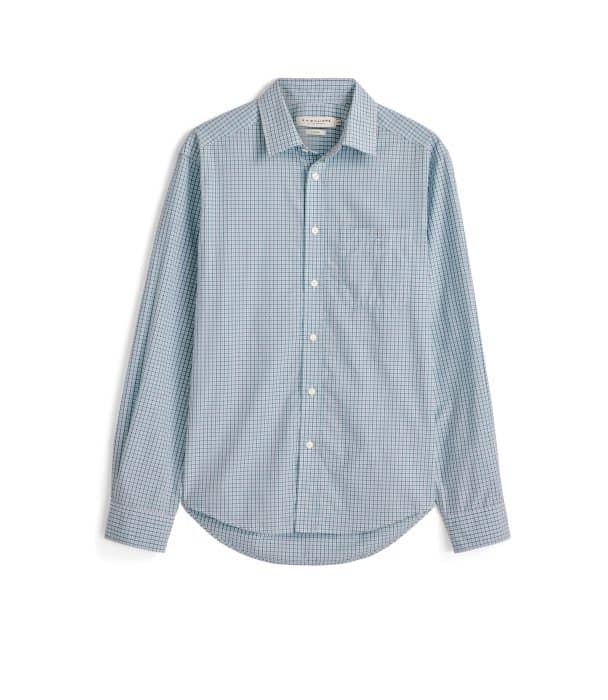Light blue and white chequered long-sleeved button-through shirt with a breast pocket and white buttons.